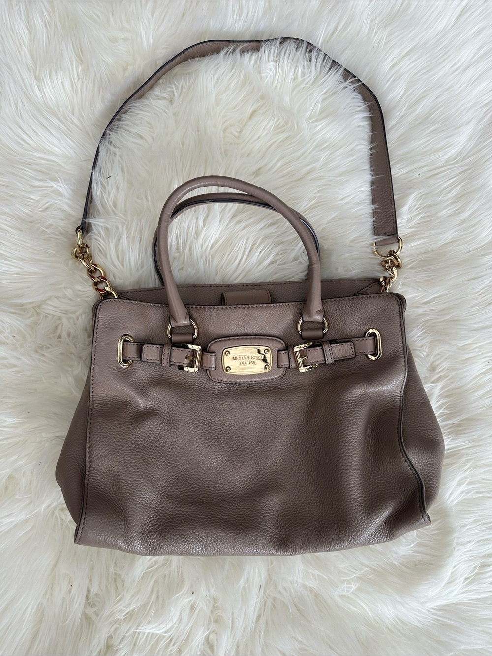 Michael Kors Pebbled Taupe Leather Satchel with Gold Hardware